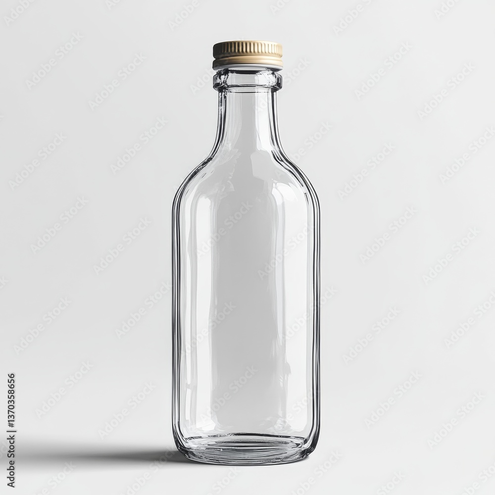 Elegant Clear Glass Bottle with Golden Cap on White Background: A Minimalist Still Life Elegant Clear Glass Bottle with Golden Cap on White Background: A Minimalist Still Life