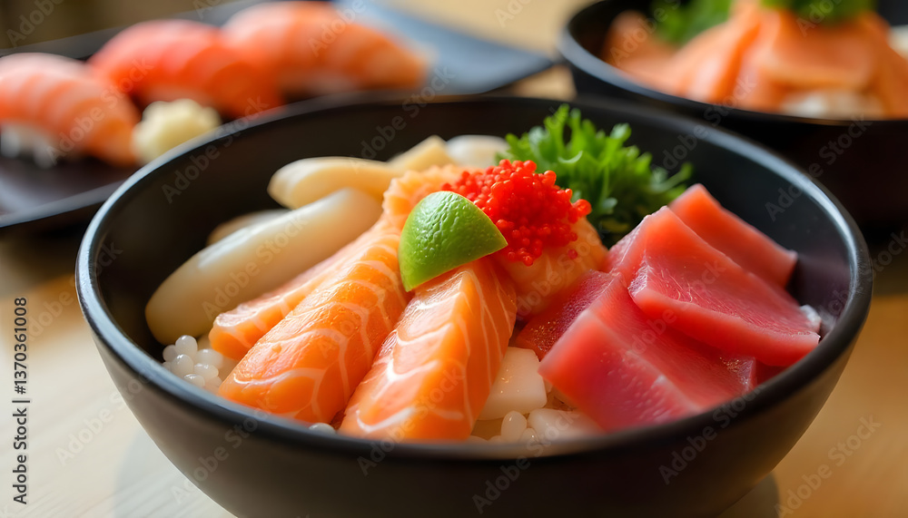 A bowl of fresh donburi with a slices of various types of fish and ikura on top. A bowl of fresh donburi with a slices of various types of fish and ikura on top.