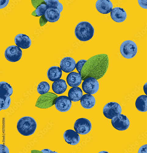 Seamless Blueberry Pattern on Bright Yellow Background – A lively, eye-catching pattern featuring stylized blueberries scattered across a vibrant yellow background.
