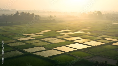 Fototapeta Naklejka Na Ścianę i Meble -  A hazy sunrise casting long, dramatic shadows across a vast rice paddy