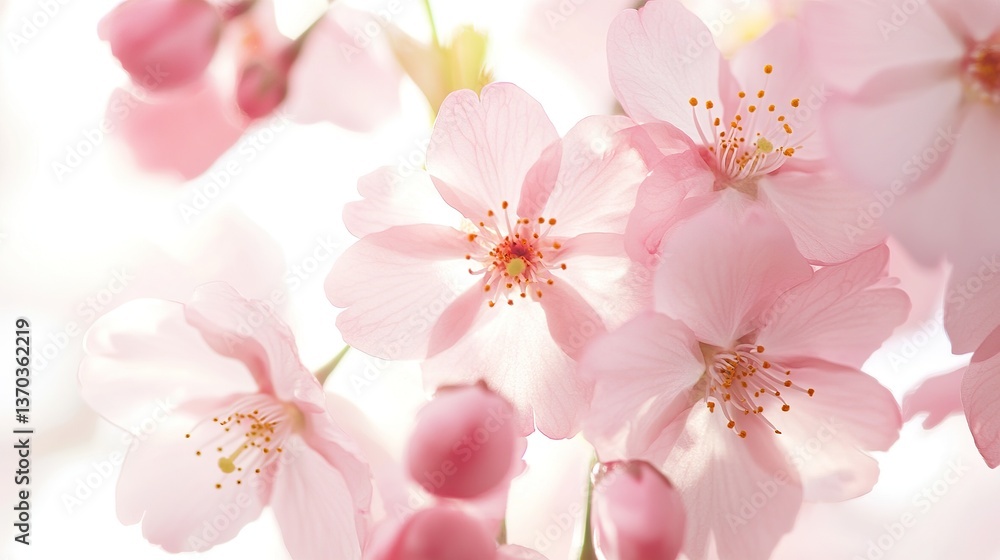 Pink cherry blossoms blooming on a white background, high-definition, high-resolution shots, the surreal beauty of delicate petals and fresh green leaves, a serene and idyllic view of spring. Pink cherry blossoms blooming on a white background, high-definition, high-resolution shots, the surreal beauty of delicate petals and fresh green leaves, a serene and idyllic view of spring.