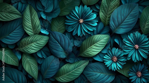 Wallpaper Mural Deep Teal Floral Leaves Botanical Background Pattern Torontodigital.ca