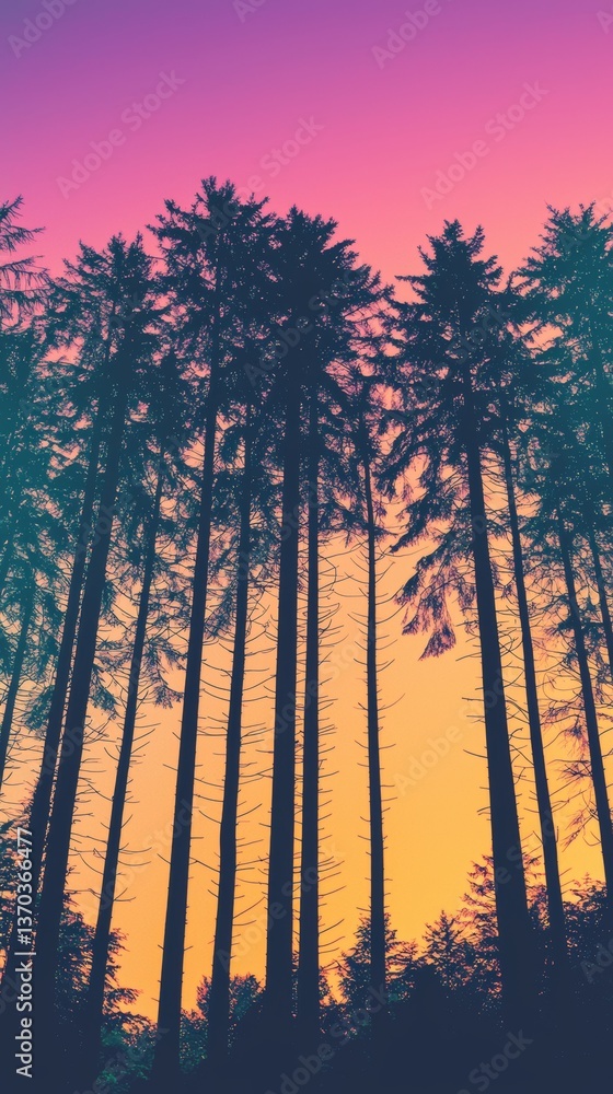 Obraz premium Majestic Sunset Silhouette of Tall Trees in Nature Vibrant Sky Landscape Photography Tranquil Environment Artistic Viewpoint