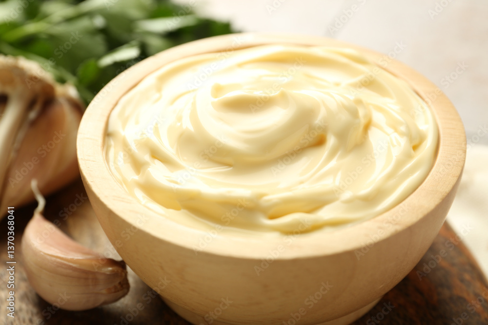 Delicious mayonnaise sauce in bowl and garlic on table, closeup Delicious mayonnaise sauce in bowl and garlic on table, closeup