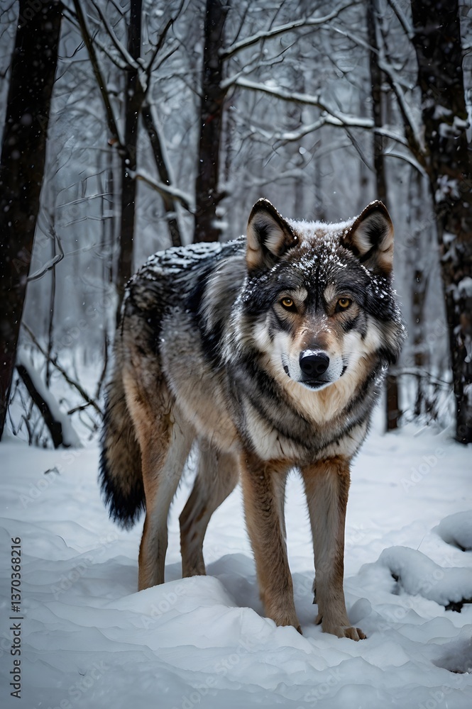 A lone wolf stands in a snowy forest, snowflakes gently falling around, its piercing gaze exuding strength and mystery. A perfect scene for wildlife and winter themes. A lone wolf stands in a snowy forest, snowflakes gently falling around, its piercing gaze exuding strength and mystery. A perfect scene for wildlife and winter themes.