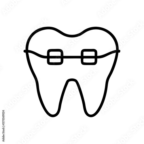 Tooth with Braces Illustration in Black Outline Style  