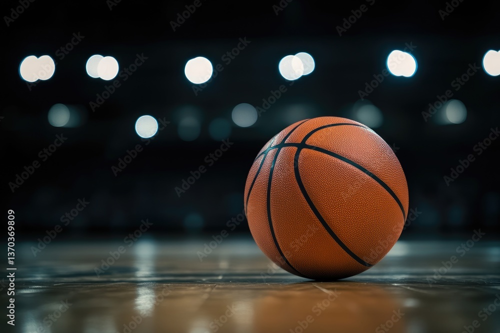 Orange Basketball On Dark Hardwood Court Under Spotlights Orange Basketball On Dark Hardwood Court Under Spotlights