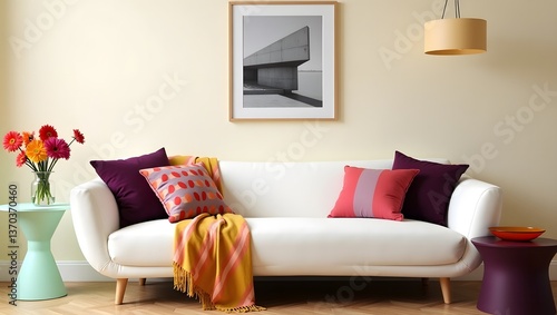 Fototapeta Naklejka Na Ścianę i Meble -  Modern Living Room with White Sofa, Colorful Cushions, Wooden Side Tables, and Contemporary Decor, Vibrant flowers and geometric wall art complete the lively, welcoming atmosphere