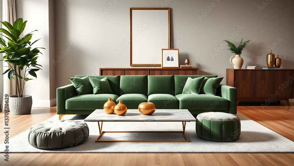 Luxurious Green Velvet Sofa in Modern Living Room Interior Design
