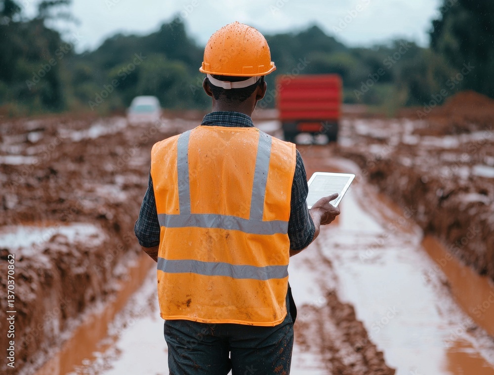 Construction Worker in Safety Gear Using Tablet on Muddy Road Construction Worker in Safety Gear Using Tablet on Muddy Road