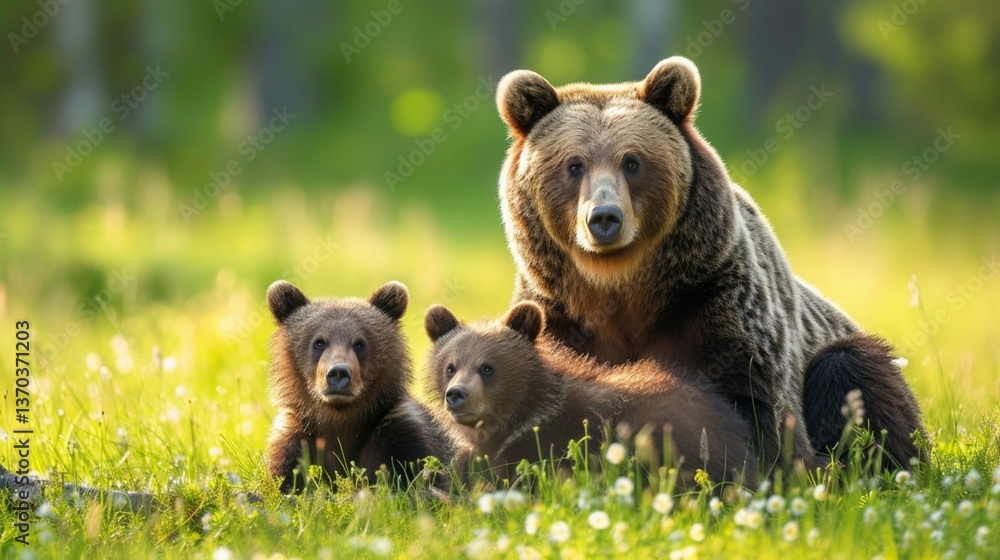 Fototapeta premium Brown bear ursus arctos mother with two cubs on green meadow with copy space. Wide panoramic banner of wild mammal with her lovely offsprings. Animal wildlife in summer nature.