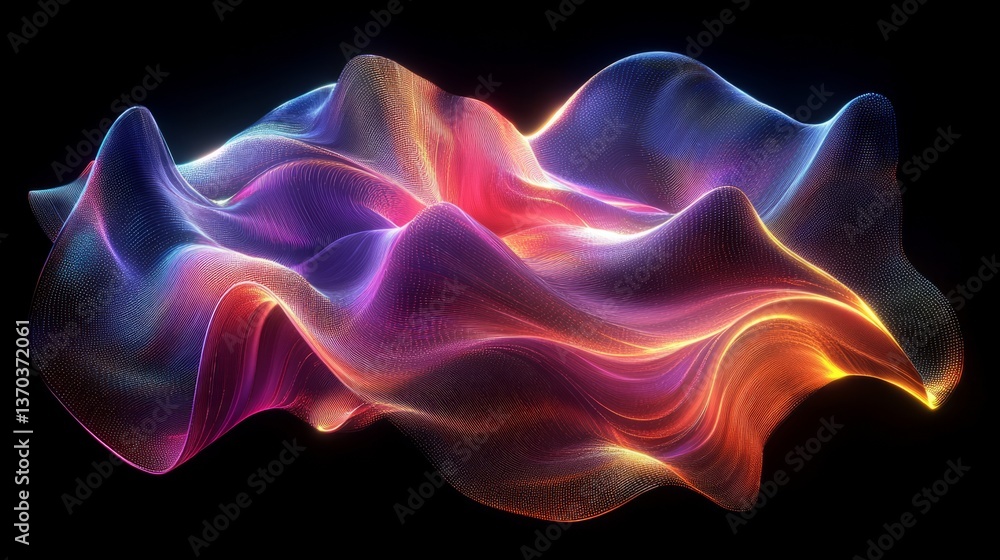 Obraz premium Holographic 3D render of a wavy, abstract shape, with vibrant colors flowing and shifting in a mesmerizing pattern, set against a sleek, reflective background