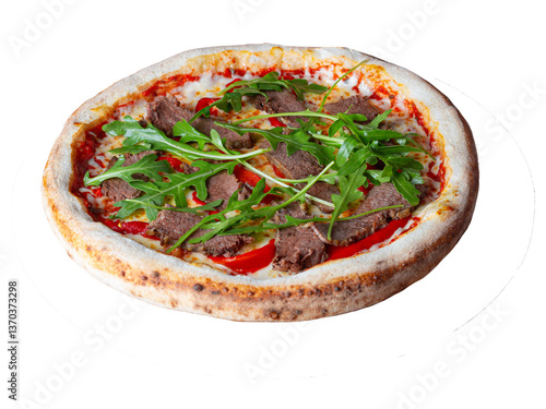 pizza with tomato sauce and meat

