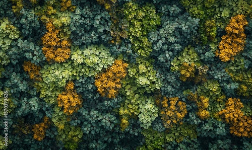 Obraz na płótnie A breathtaking aerial view of a forest canopy with vibrant autumn colors, showcasing nature's beauty and intricate patterns. w salonie