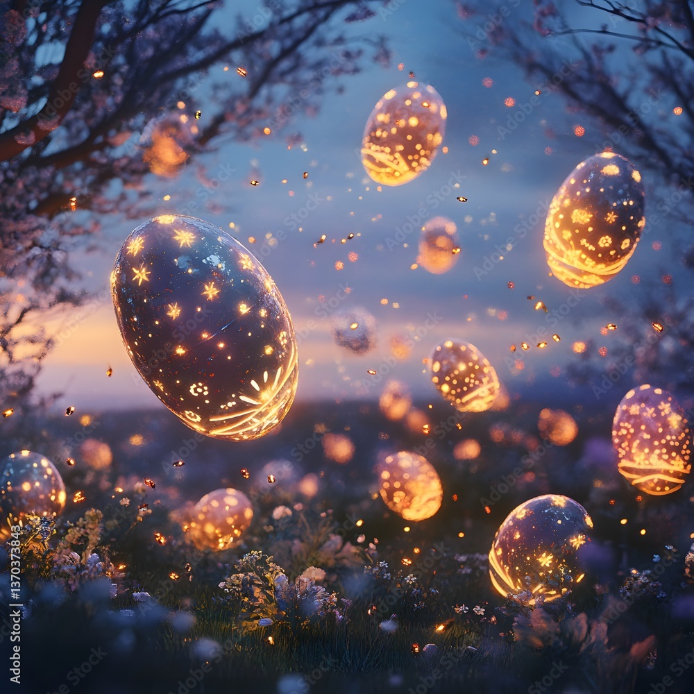 Floating Illuminated Easter Eggs in a Magical Forest at Dusk Floating Illuminated Easter Eggs in a Magical Forest at Dusk