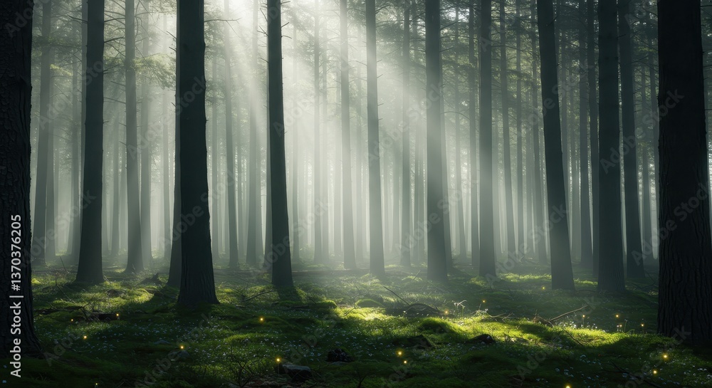 Obraz premium Sunbeams through a misty forest. Tall trees and magical light create a serene and enchanting scene.