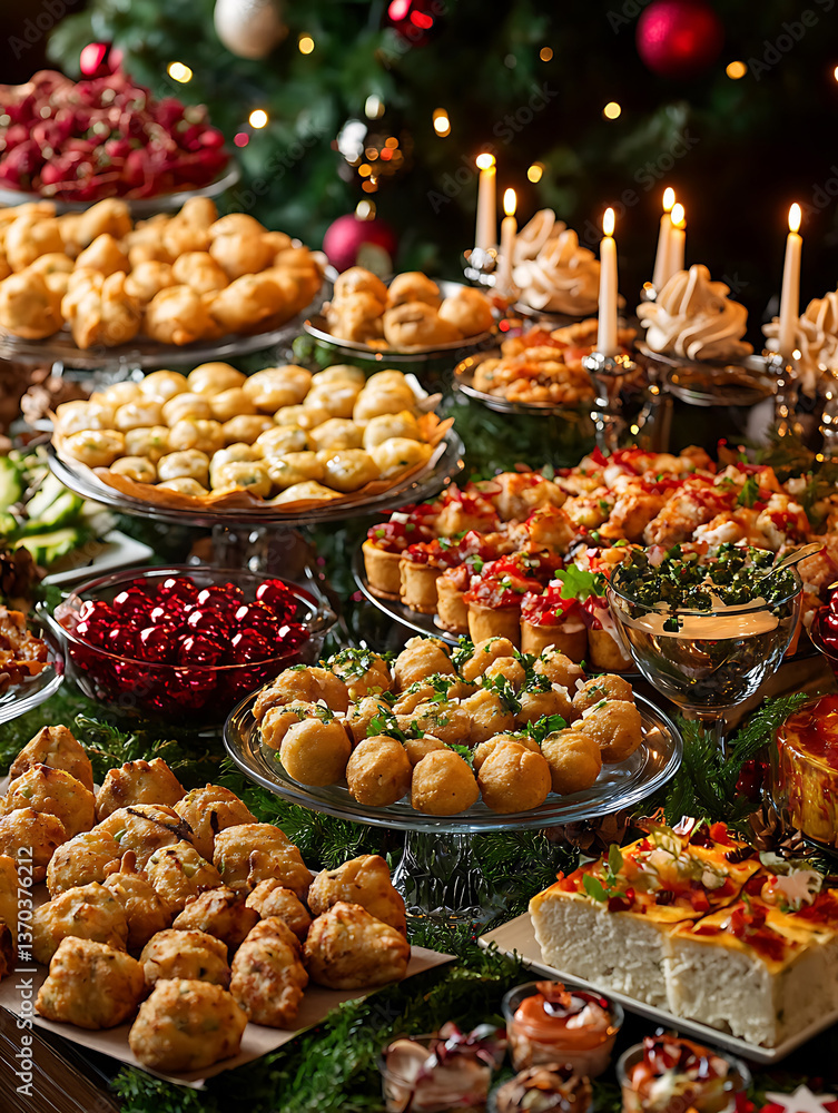 Lavish holiday feast featuring an array of savory appetizers and desserts adorned with festive decorations.