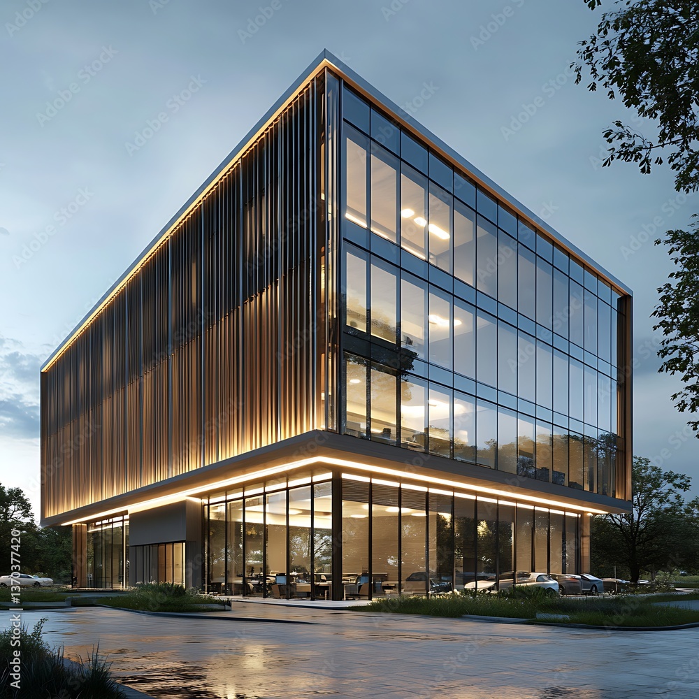 Fototapeta premium A beautifully crafted contemporary structure glowing at twilight