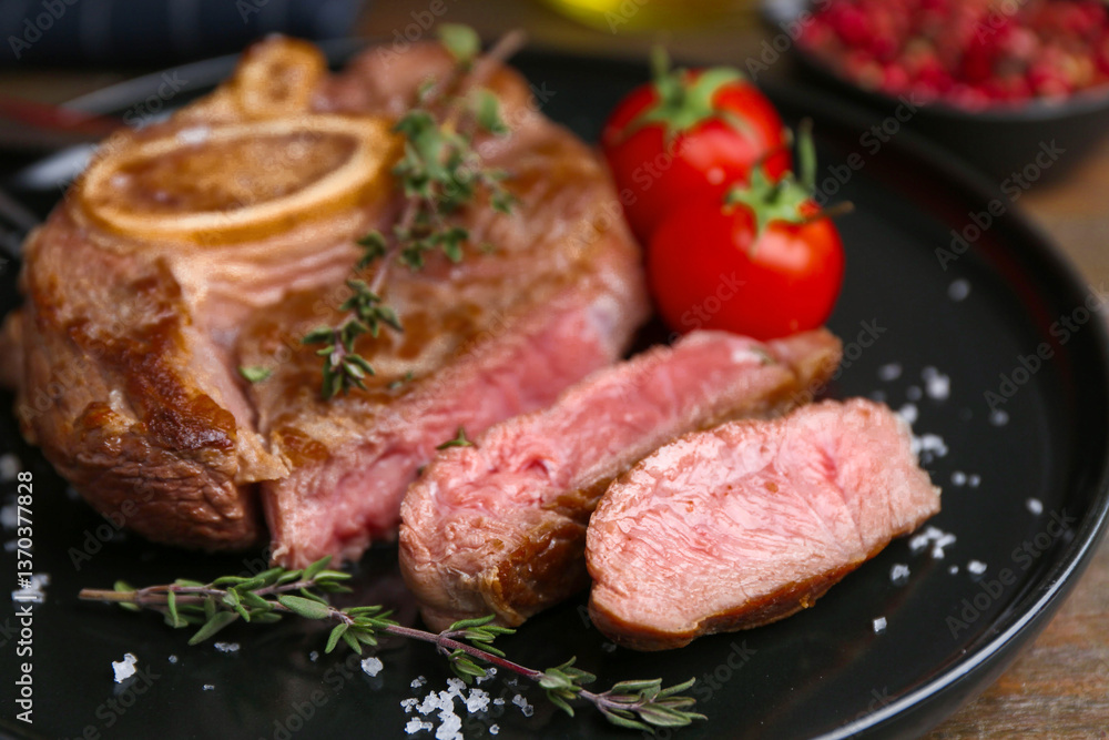 Pieces of delicious beef meat, spices and tomatoes on table, closeup Pieces of delicious beef meat, spices and tomatoes on table, closeup