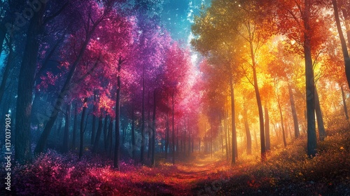 a mesmerizing view of a vibrant forest with colorful trees lining the path and the sun shining. The scene is filled with a magical and dreamy atmosphere
