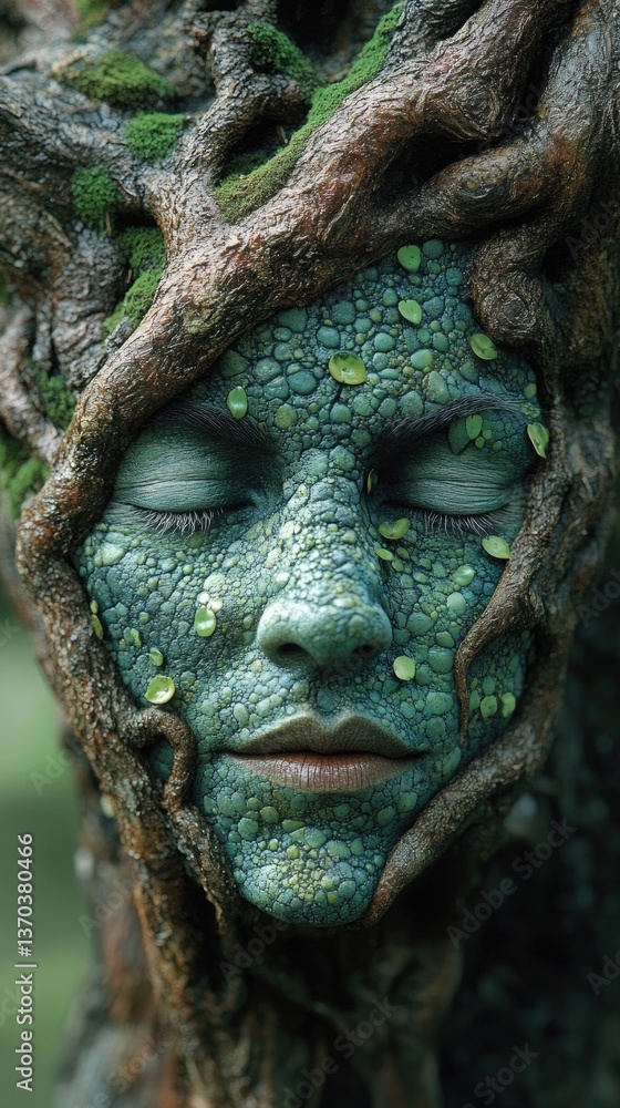 Forest spirit visage with entwined roots, moss details, eyes closed serene face Forest spirit visage with entwined roots, moss details, eyes closed serene face