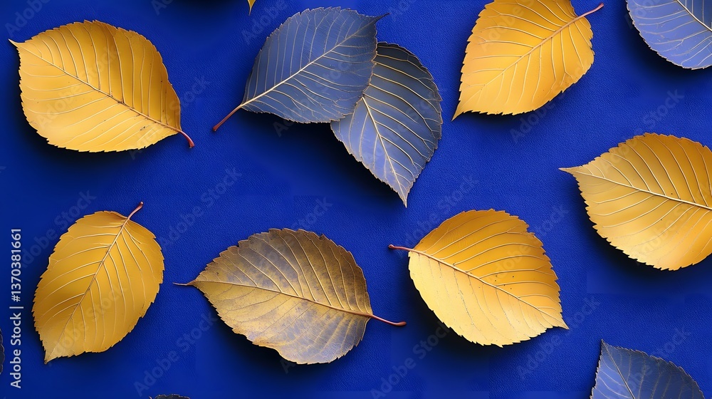 Obraz premium Autumn Leaves Blue Background Pattern Design