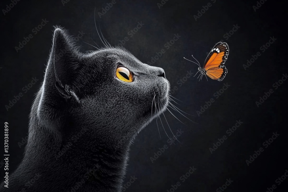 Obraz premium A Scottish Fold cat with round, wide eyes, staring curiously at a butterfly