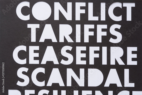 Schilderij op canvas black and white stencil with the words conflict, tariffs, ceasefire, scandal cut