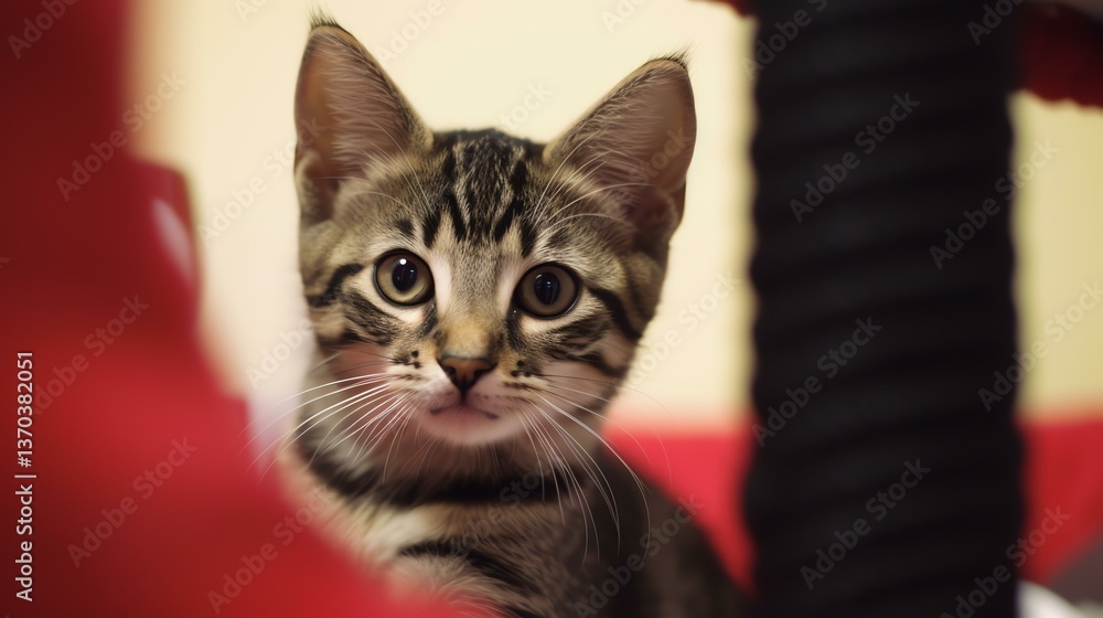 Fototapeta premium Adorable tabby kitten looks directly at the camera with big eyes Perfect for pet and animal themed projects