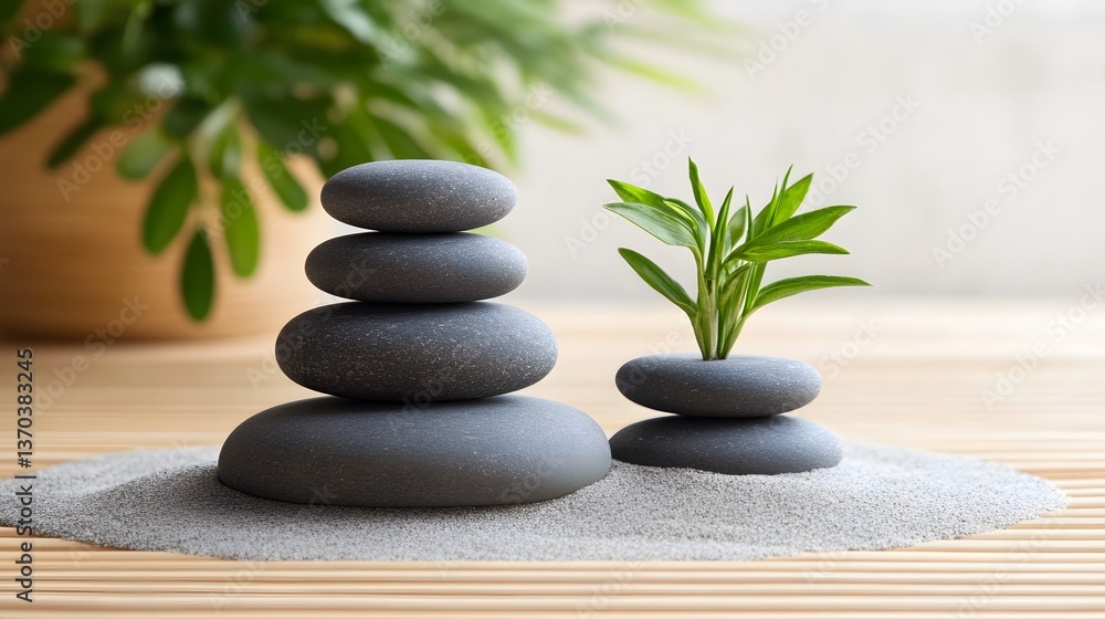 Obraz premium Zen Garden Stones and Plant, Tranquil Scene, Spa Relaxation