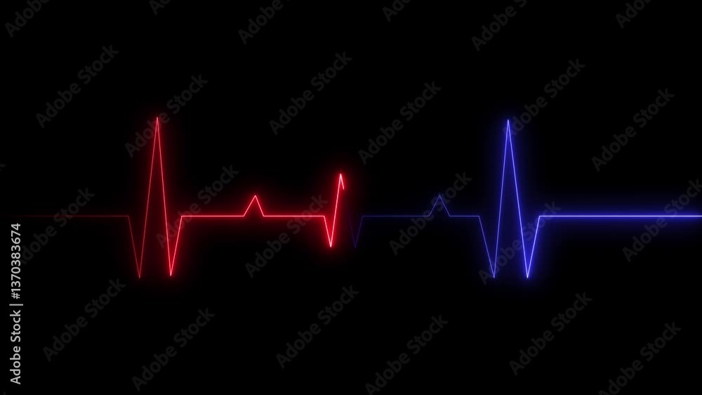 Neon heart beat line monitoring animation on black background. red and blue heart cardiogram line on dark background Neon heart beat line monitoring animation on black background. red and blue heart cardiogram line on dark background