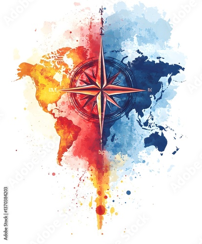 Compass and World Map: A vibrant watercolor illustration of a world map bisected by a compass rose, symbolizing direction, exploration, and global connection.