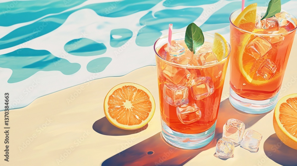 Obraz premium Refreshingly Bright Citrus Cocktail with Ice and Fruit Slices on a Sandy Beach