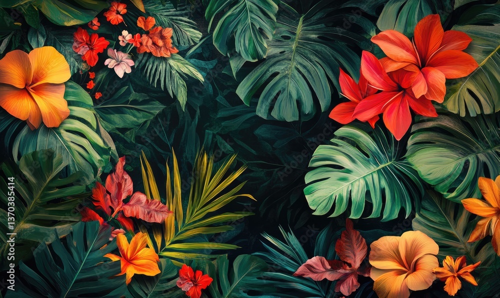 Pixelated Tropical Foliage with Red Orange and Yellow Flowers Among Large Green Leaves Creating a Dense Colorful and Detailed Botanical Pattern Illustration Pixelated Tropical Foliage with Red Orange and Yellow Flowers Among Large Green Leaves Creating a Dense Colorful and Detailed Botanical Pattern Illustration