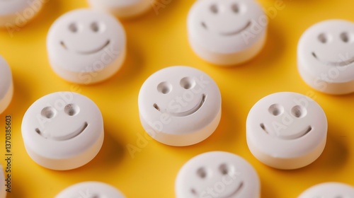 Close-up image of a bunch of white pills in the form of happy faces on a yellow background. The concept of happiness and health.