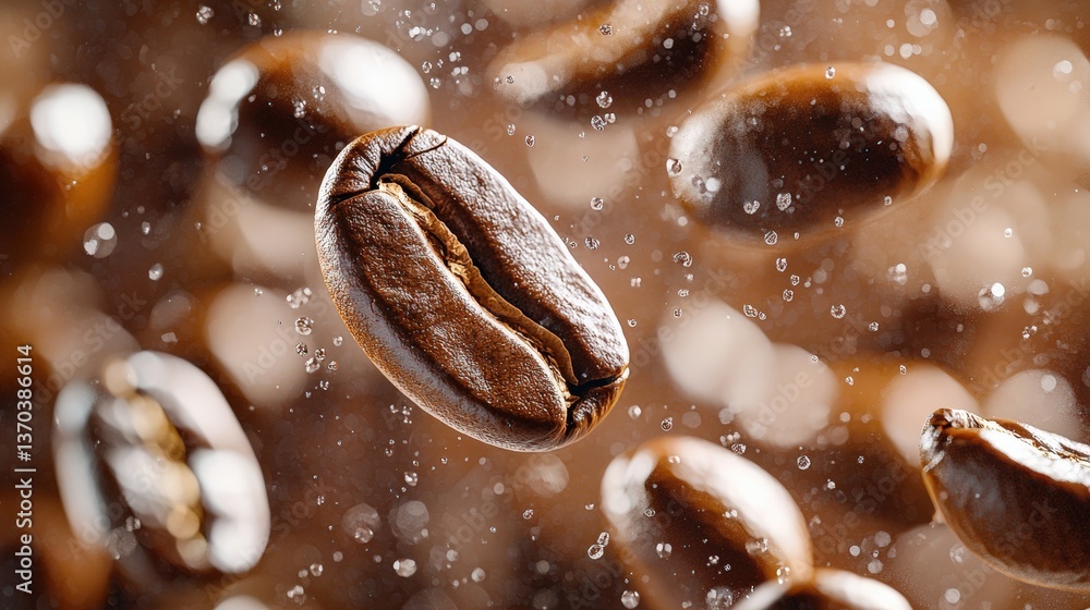 Splashes of Water Surrounding Freshly Roasted Coffee Beans in Motion with Soft Brown Background Splashes of Water Surrounding Freshly Roasted Coffee Beans in Motion with Soft Brown Background