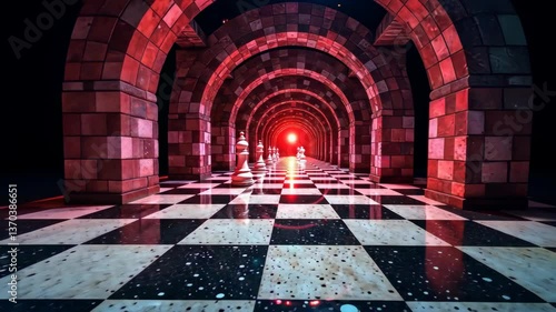 Whimsical chess pieces lead into an arched hallway, illuminated by a distant glowing light.