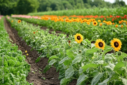 A garden bursting with blooming flowers—sunflowers, marigolds, and dahlias—planted neatly in rows