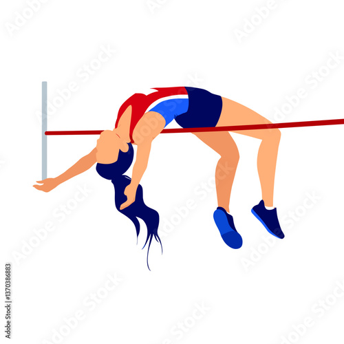 A high jumper leaps over a bar with long, flowing hair trailing behind. 