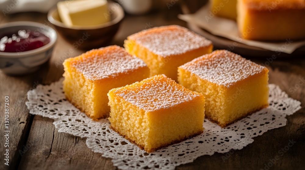 Pieces of corn cake sprinkled with sugar, served on a lace tablecloth on a rustic wooden table. Pieces of corn cake sprinkled with sugar, served on a lace tablecloth on a rustic wooden table.