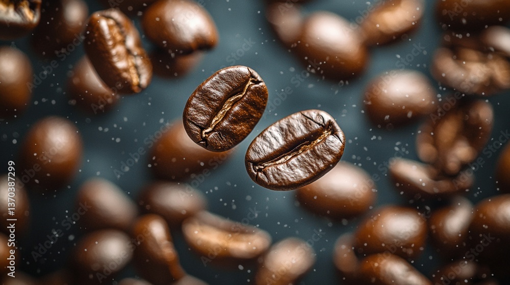 Flying Fresh Coffee Beans in Dark Background with Soft Focus and Detailed Texture Highlights Flying Fresh Coffee Beans in Dark Background with Soft Focus and Detailed Texture Highlights