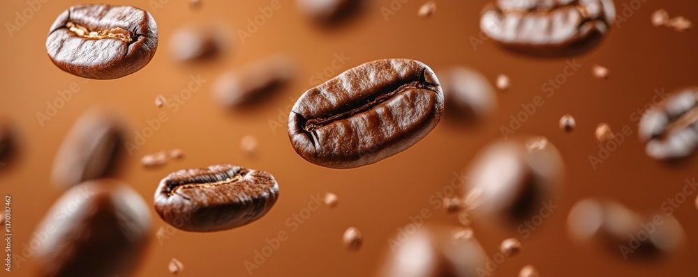 Floating Coffee Beans on a Warm Background for Coffee Lovers and Culinary Creatives Floating Coffee Beans on a Warm Background for Coffee Lovers and Culinary Creatives
