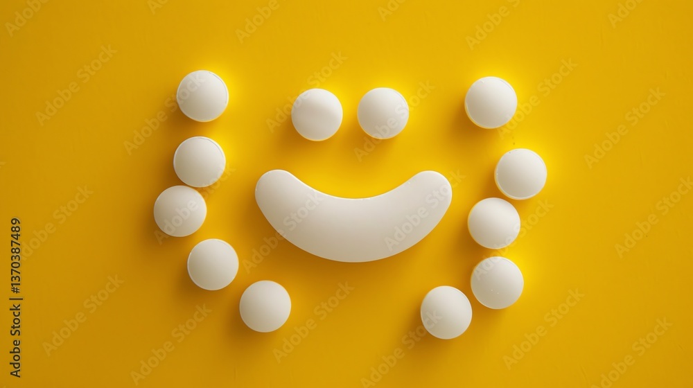 3D rendering of a happy face made of white pills on a yellow background. The pills are arranged in a circle with a smiling mouth. 3D rendering of a happy face made of white pills on a yellow background. The pills are arranged in a circle with a smiling mouth.