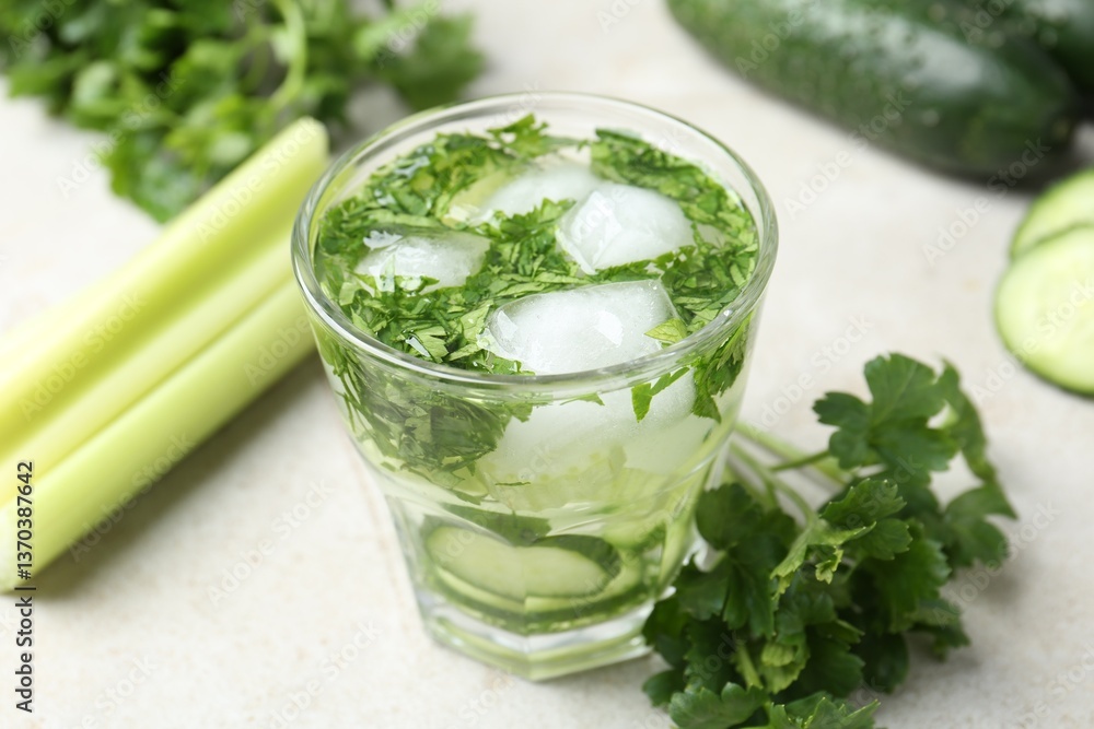 Obraz premium Healthy drink with parsley, cucumbers and celery on light table, closeup