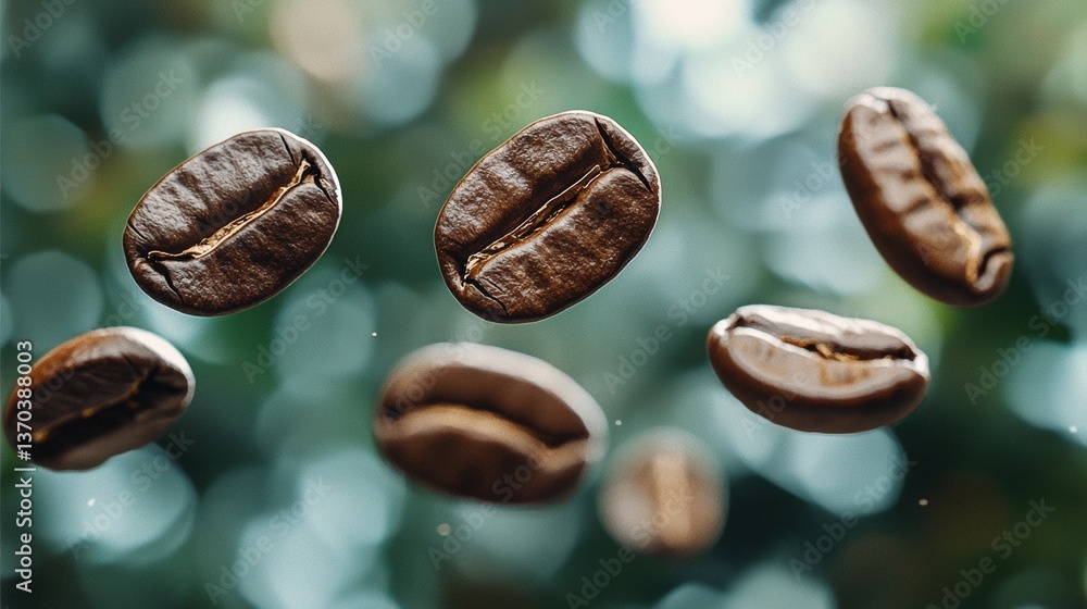Coffee Beans in Motion Against a Beautiful Bokeh Background with Soft Green Tones and Natural Lighting Effects Coffee Beans in Motion Against a Beautiful Bokeh Background with Soft Green Tones and Natural Lighting Effects