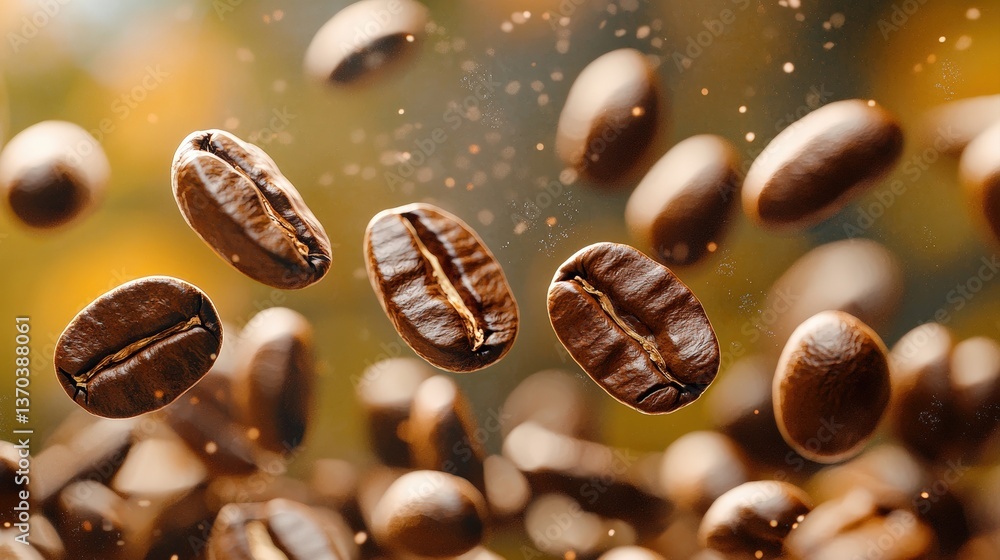 Flying Coffee Beans Against Blurred Nature Background in High-Definition Photography Flying Coffee Beans Against Blurred Nature Background in High-Definition Photography