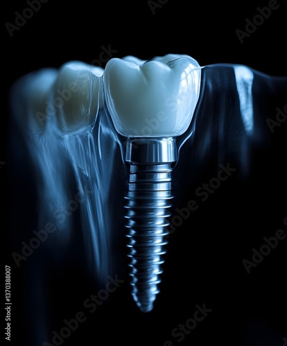 Precision of Dental Implants: Captivating a meticulously crafted dental implant against a dark backdrop, showcasing the integration of the artificial tooth into the jawbone.