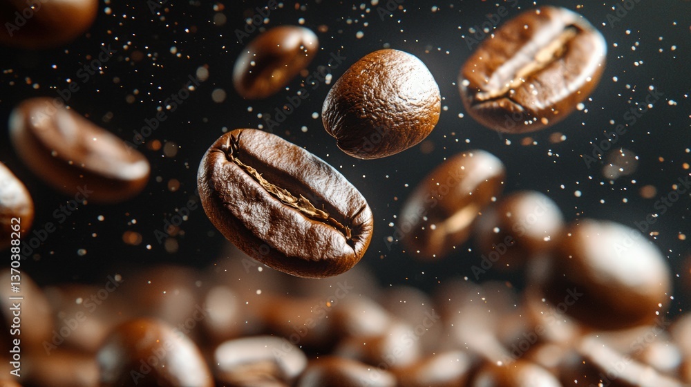 Flying Coffee Beans with Dark Background Creating an Exciting and Energetic Atmosphere of Freshness and Aroma Flying Coffee Beans with Dark Background Creating an Exciting and Energetic Atmosphere of Freshness and Aroma