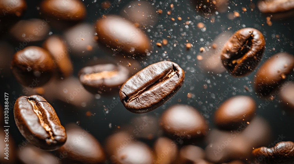 Coffee Beans Falling in Air with Dynamic Motion and Close-up Detail on Dark Background Coffee Beans Falling in Air with Dynamic Motion and Close-up Detail on Dark Background
