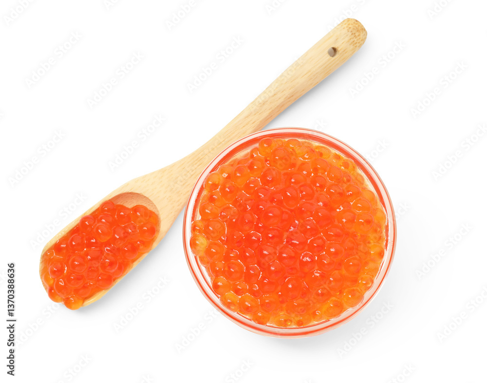 Delicious red caviar in bowl and spoon isolated on white, top view Delicious red caviar in bowl and spoon isolated on white, top view